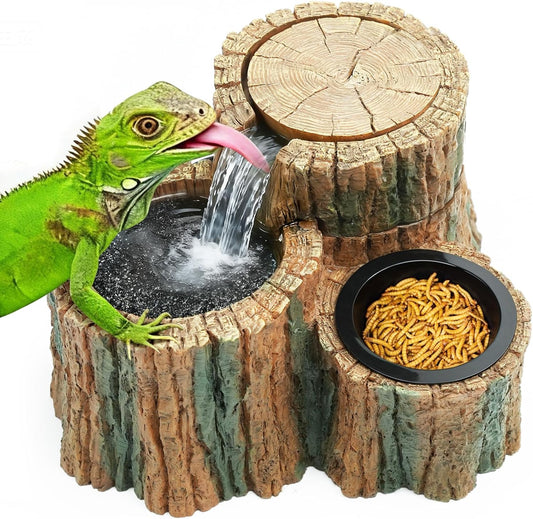 MIXJOY Reptile Water Fountain with Food Dish 550ML, 2 in 1 Reptile Waterfall Drinking Fountain, Reptile Water Dispenser for Bearded Dragon, Gecko, Leopard, Lizard, Chameleon, Tree Frog