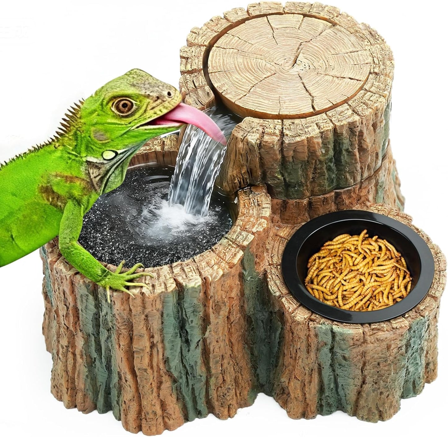 MIXJOY Reptile Water Fountain with Food Dish 550ML, 2 in 1 Reptile Waterfall Drinking Fountain, Reptile Water Dispenser for Bearded Dragon, Gecko, Leopard, Lizard, Chameleon, Tree Frog