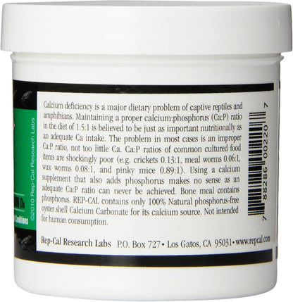 Rep-Cal 52298 Phosphorous-Free Calcium Powder Reptile/Amphibian Supplement Without Vitamin D3, 4.1 oz,white