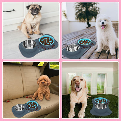 Slow Feeder Dog Bowls 3 in 1 Stainless Steel Dog Food and Water Bowls with Non-Spill and Non-Skid Silicone Mat to Slow Down Eating for Large Medium Small Breed Size Dogs and Cats