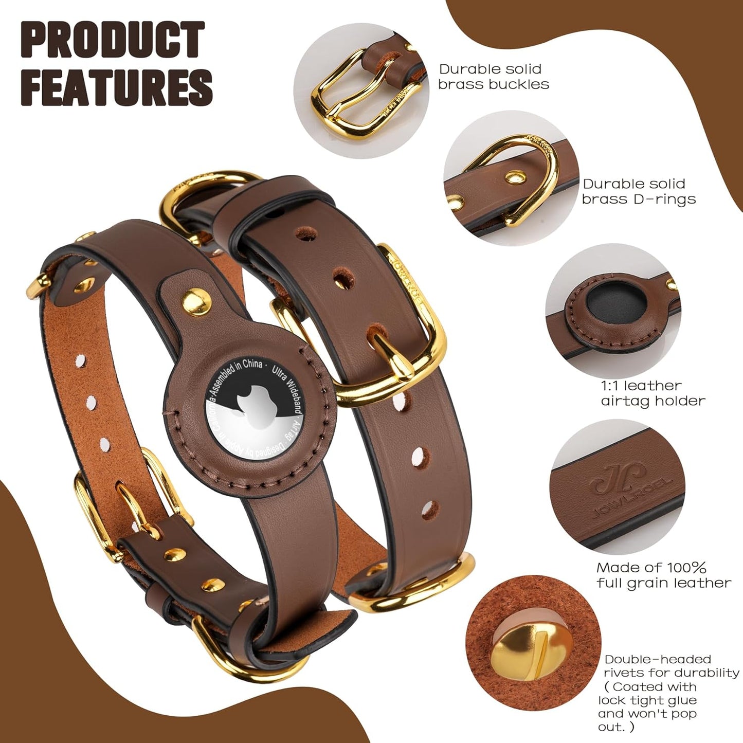 AirTag Dog Collar - Genuine Heavy Duty Leather Dog Collar with Apple AirTag Holder, Suitable for Small Medium Large Dogs (Brown, M, 13.6"-17.6" Neck Fit)
