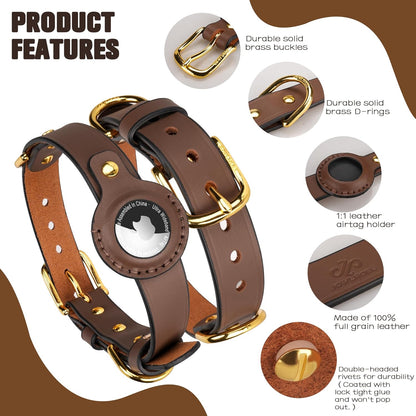 AirTag Dog Collar - Genuine Heavy Duty Leather Dog Collar with Apple AirTag Holder, Suitable for Small Medium Large Dogs (Brown, M, 13.6"-17.6" Neck Fit)