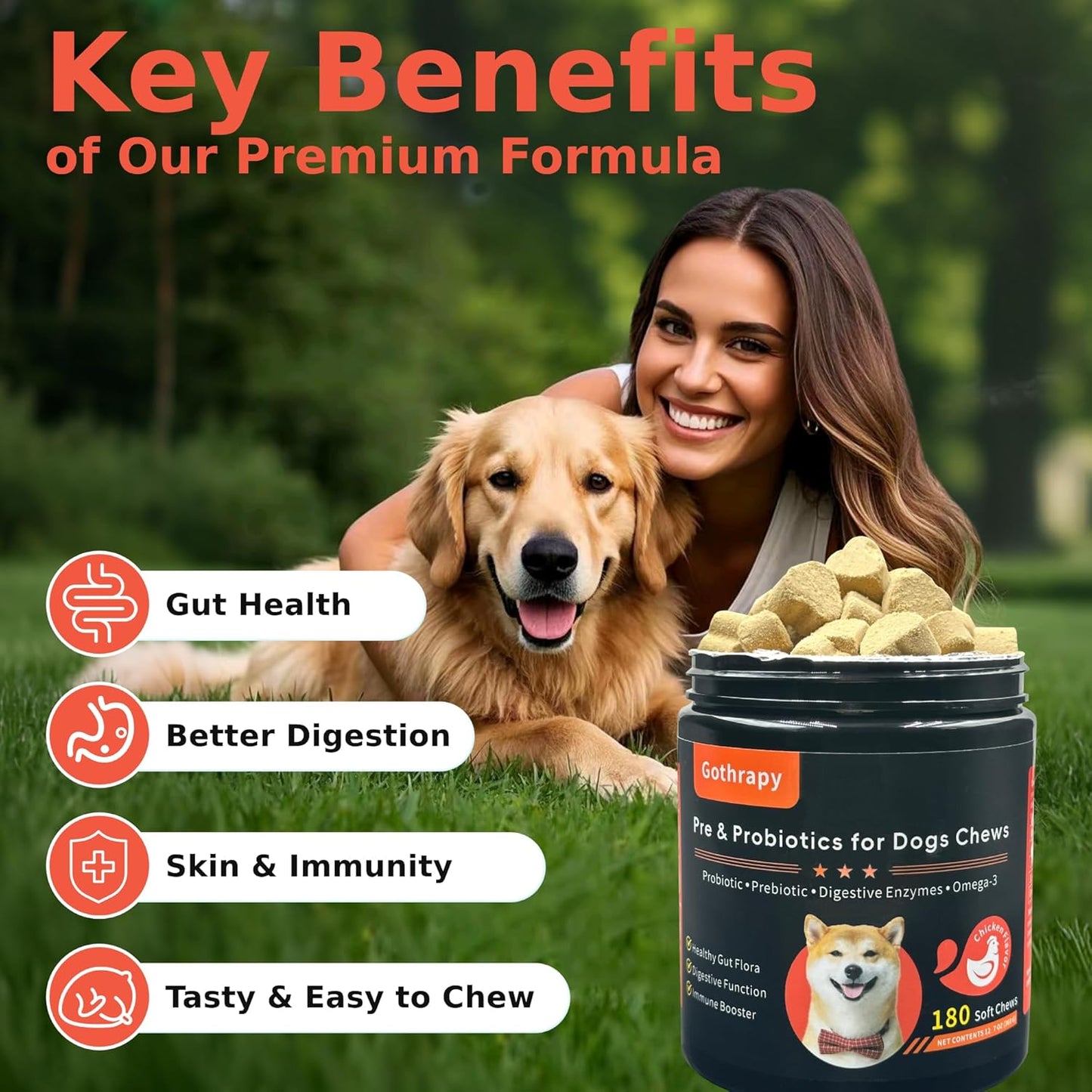 Probiotics for Dogs | Digestive & Gut Health Support | Vet-Formulated Pet Supplement with Prebiotics, Enzymes & Colostrum | Helps with Gas & Upset Stomach | Chicken Flavor - 180 Soft Chews