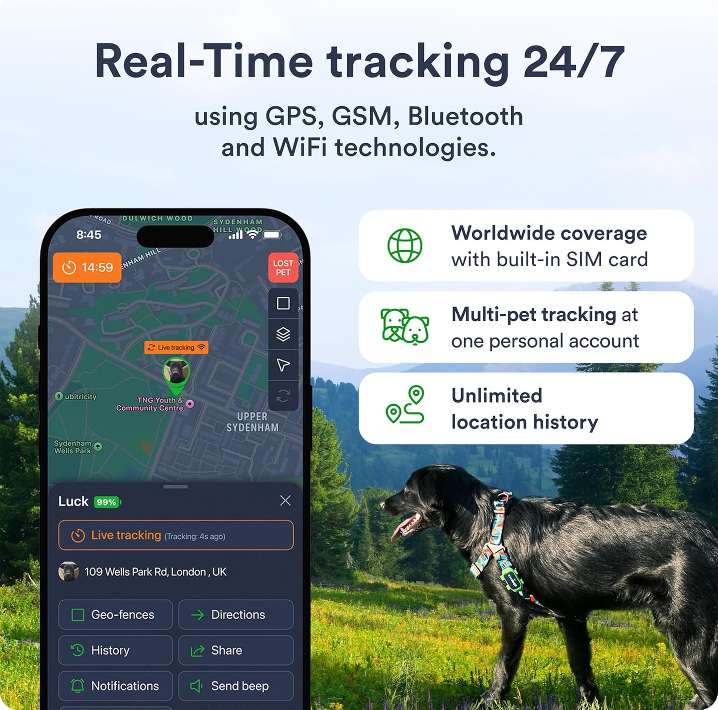 Dog GPS Tracker - Real-Time Location Tracking Device with App - Smart Alerts & Geo-Fence - Collar-Compatible, Waterproof - Long-Life Battery - 4G Built-in SIM - iOS & Android (Subscription Required)