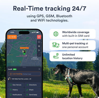 Dog GPS Tracker - Real-Time Location Tracking Device with App - Smart Alerts & Geo-Fence - Collar-Compatible, Waterproof - Long-Life Battery - 4G Built-in SIM - iOS & Android (Subscription Required)