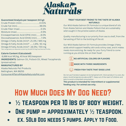 Alaska Naturals Wild Alaskan Salmon Fish Oil Supplement for Dogs Skin and Coat with EPA DHA Omega 3 Fatty Acids Liquid Food Topper 8 oz. Pump