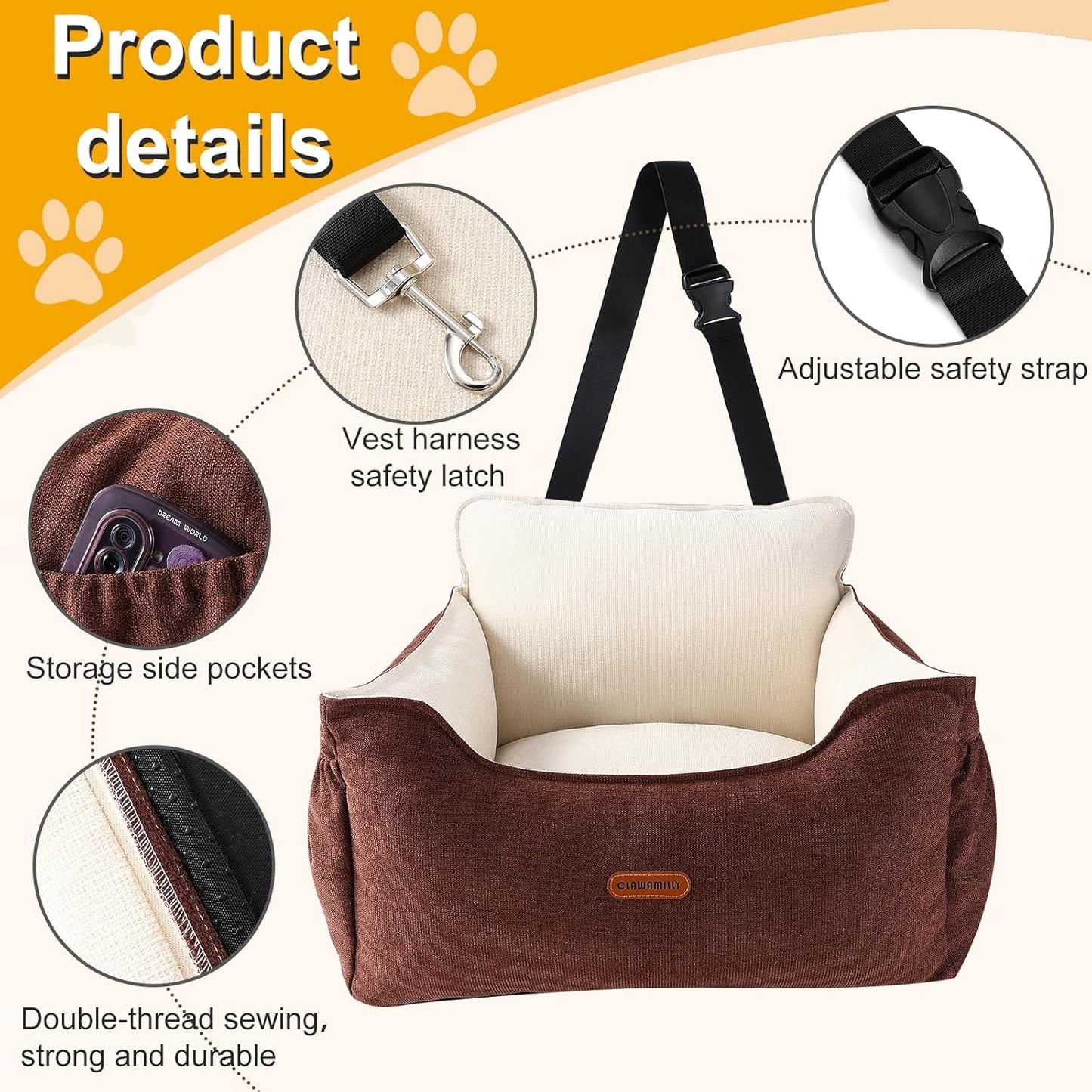 Dog Car Seat for Small Dogs Under 25Lbs, Portable Comfy Safe Puppy Car Seat Travel Bed with Storage Pockets, Fully Detachable Washable Dog Booster Carseats for Front & Back Seats, Brown