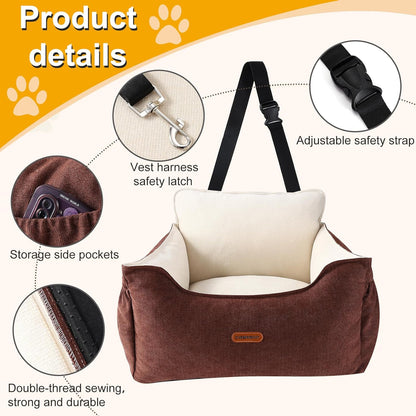 Dog Car Seat for Small Dogs Under 25Lbs, Portable Comfy Safe Puppy Car Seat Travel Bed with Storage Pockets, Fully Detachable Washable Dog Booster Carseats for Front & Back Seats, Brown