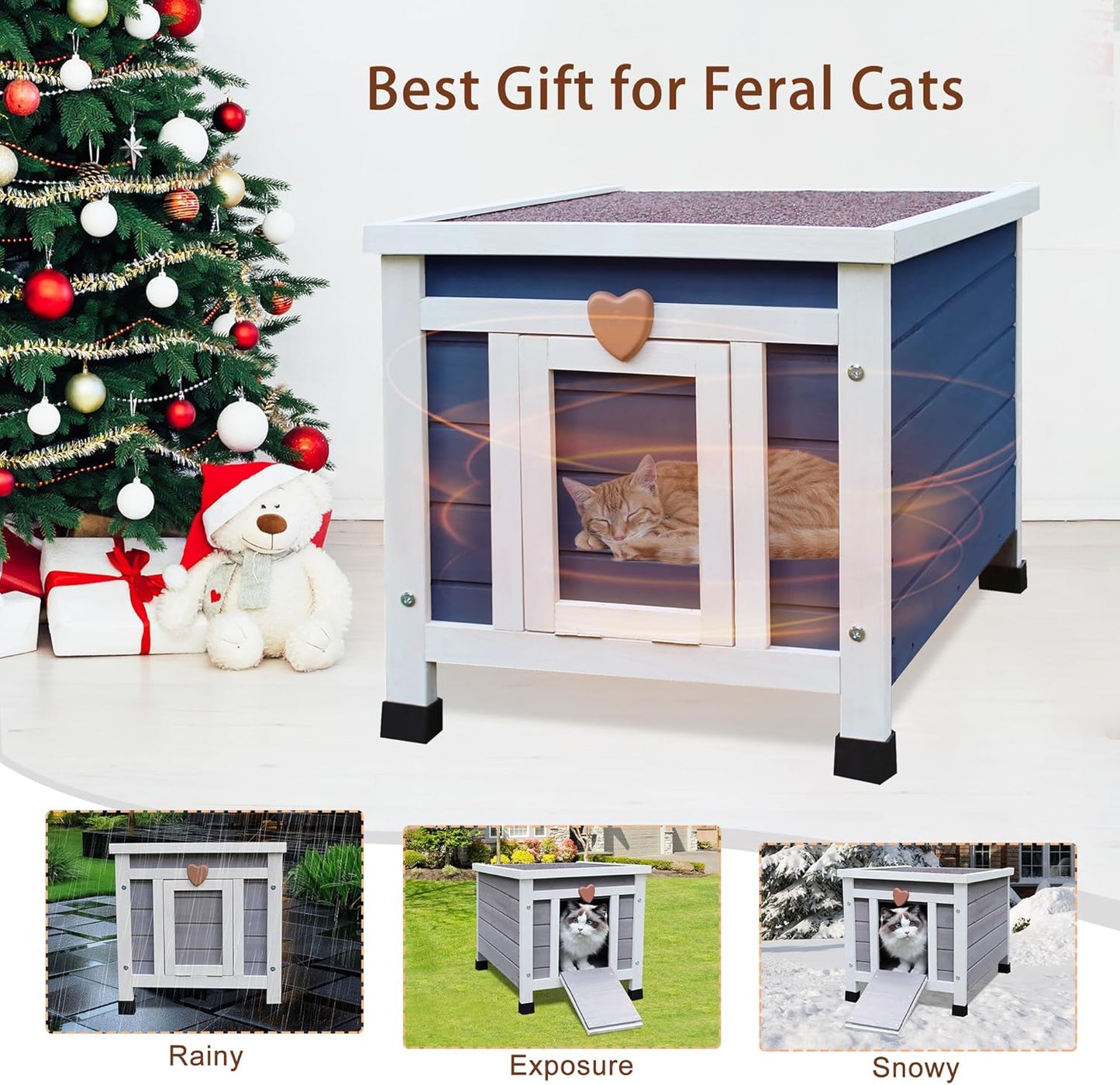 Rockever Outdoor Cat House, Insulated Outdoor Cat House with Warm Liner for Winter, Weatherproof Rabbit Hutch Bunny Cage, Wooden Outside Shelter for Feral Cats, Rabbits-Blue