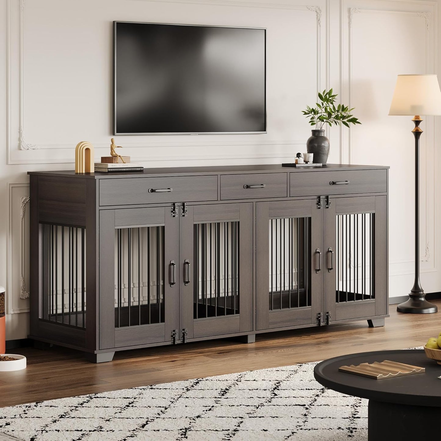 71'' Dog Crate Furniture, Large Indoor Rustic Dog Kennel with Removable Divider, 3 Storage Drawers, End Table for 2 Large Medium Dogs, Wooden Indoor Pet Crate, Walnut