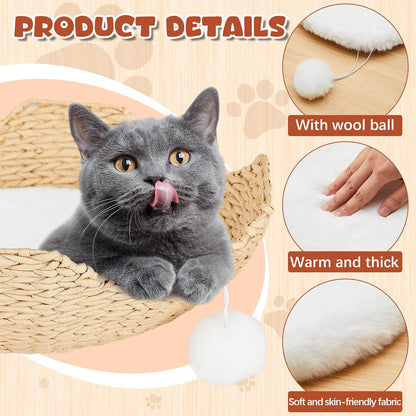 Abbylike 3 Pack 16" Round Cat Dog Bed Cushion Pad Mat Faux Rabbit Fur Pet Sleeping Mat with Small Ball Warm Plush Anti Slip Washable Cat Tree Tower Replacement Cushion Pad for Carrier Crate, White