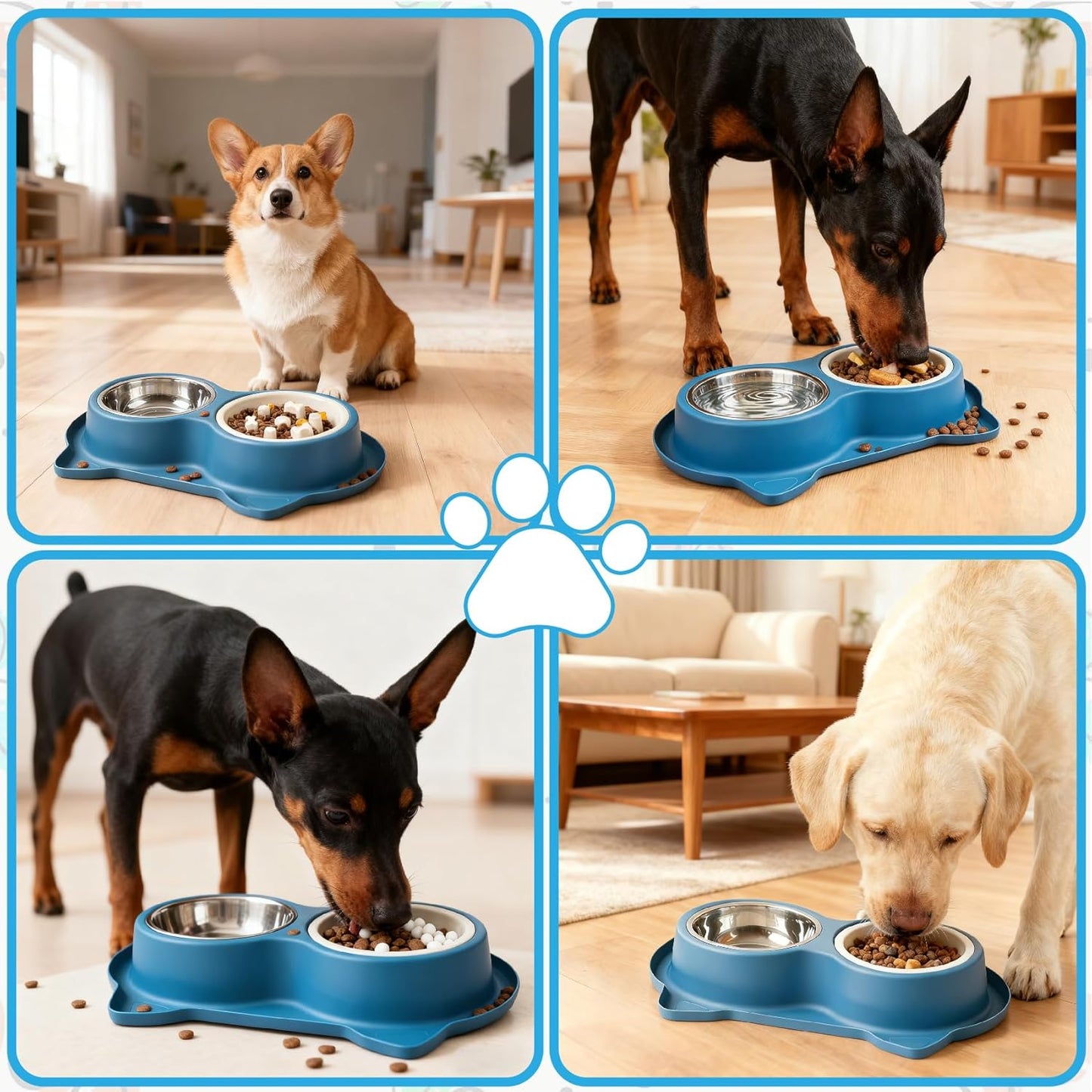 Slow Feeder Dog Food Bowls:Non-Spill/Skid/Ant Prevention Stainless Steel Food & Water Dish Set for S/M/L Size Dogs, Cats, Puppy Pets to Slow Down Feeding (Blue)