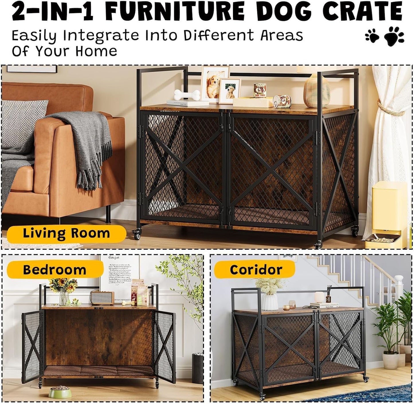 41'' Heavy Duty Dog Crate Furniture with Lockable Wheels, Decorative Wooden Dog Cage End Table, Double Door Indoor Pet Kennel with Cushion for Small, Medium & Large Dogs Up to 100 Lbs