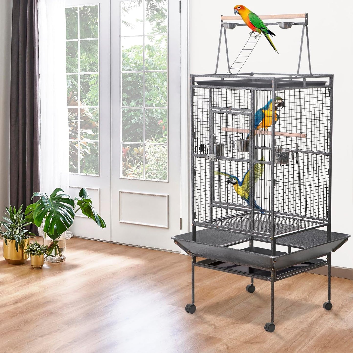 HSM 68 Inch Wrought Iron Large Bird Flight Cage with Rolling Stand for African Grey Parrot Cockatiel Sun Parakeet Conure Lovebird