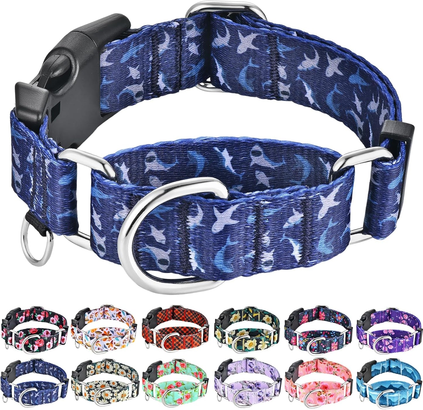 Martingale Collar for Dogs with Buckle Heavy Duty Boy Dog Collar for Medium Dogs, Deep Blue Shark