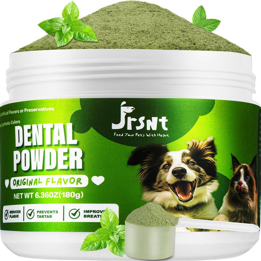 Dog Dental Powder, Dog Teeth Cleaning Powder, Natural Herbal Blend with 5 probiotics, Plaque Off Pet Tooth Cleaning, Bad Breath & Tartar Remover for Dogs & Cats, All Breeds-Mint（180g ）