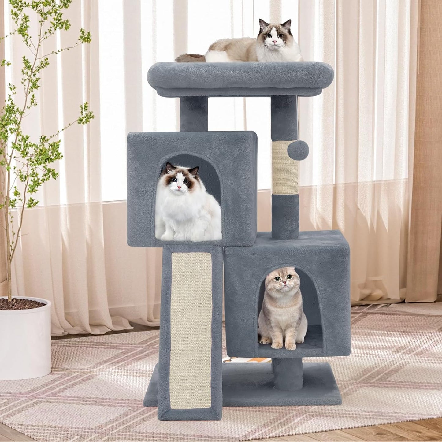 Athena Collection Small Cat Tree, Modern 34 Inch Cute Cat Tree Tower with Scratching Post 2 Condo Activity Platform and Playing Ball for Indoor, Light Grey