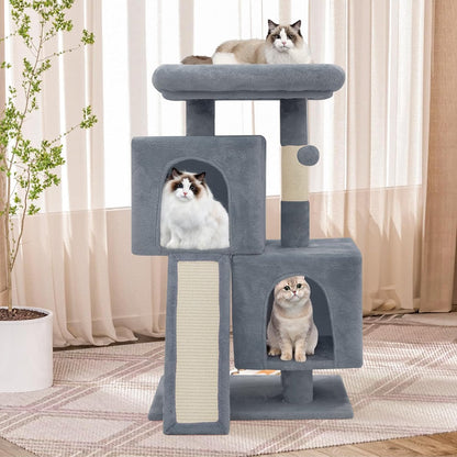 Athena Collection Small Cat Tree, Modern 34 Inch Cute Cat Tree Tower with Scratching Post 2 Condo Activity Platform and Playing Ball for Indoor, Light Grey