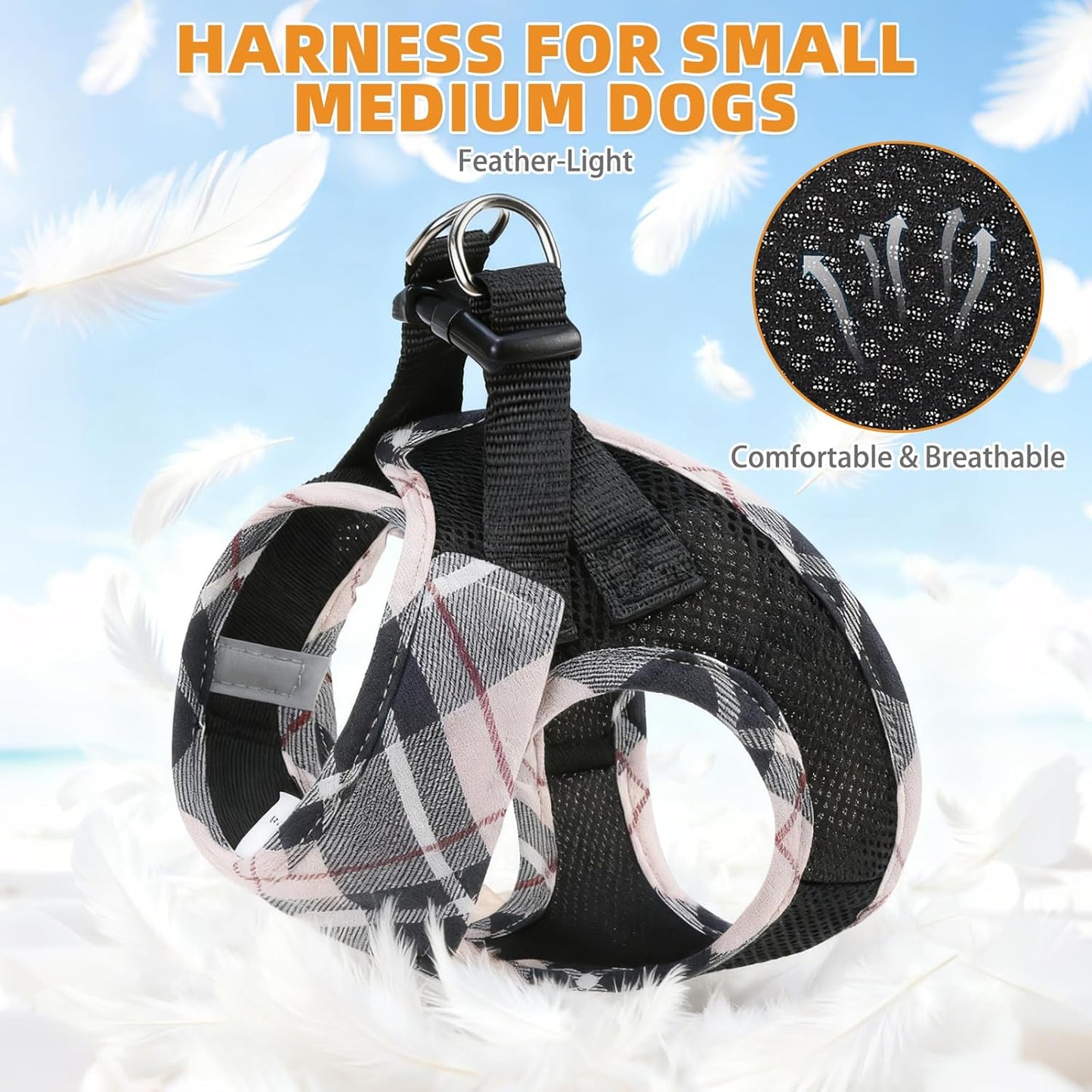 KOOLTAIL Small Dog Harness and Leash Set, Step in No Pull Soft Mesh Padded Pet Vest Harness Collar for Small Size Dogs Cats Boy Girl, Breathable & Lightweight Plaid Puppy Harness, Beige S