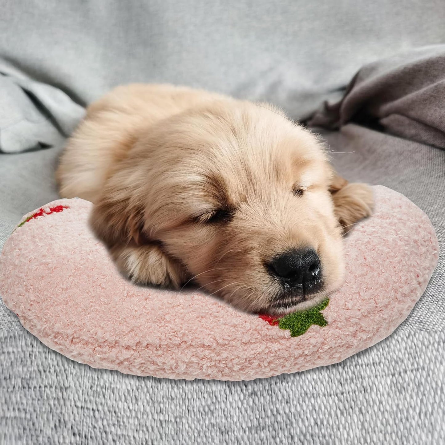 Lystaii Cat Calming Pillow for Indoor Pets - Soft Fluffy Cat & Dog Bed - Anxiety Relief with Cute Embroidery Pattern (Pink, Strawberry)