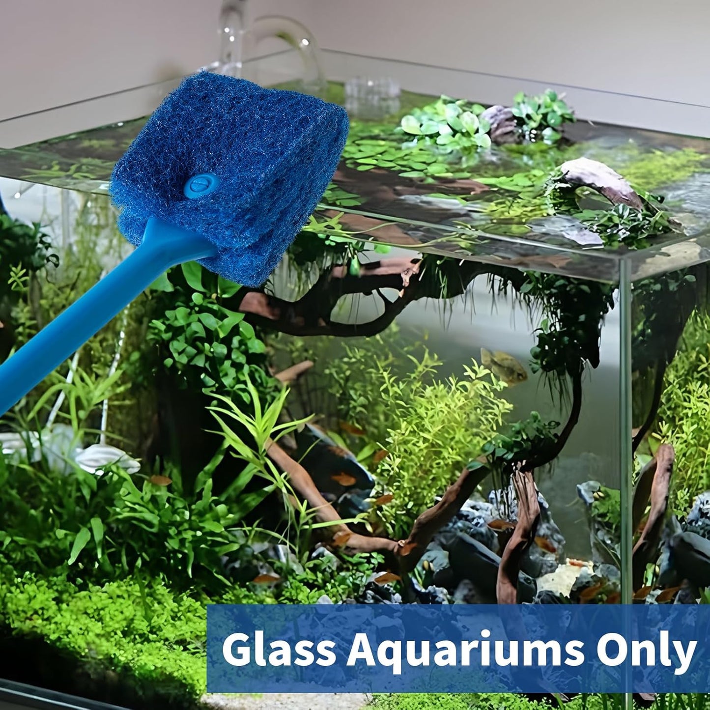 SLSON Aquarium Algae Scraper Double Sided Sponge Brush Cleaner Long Handle Fish Tank Scrubber for Glass Aquariums and Home Kitchen,15.4 inches (1)