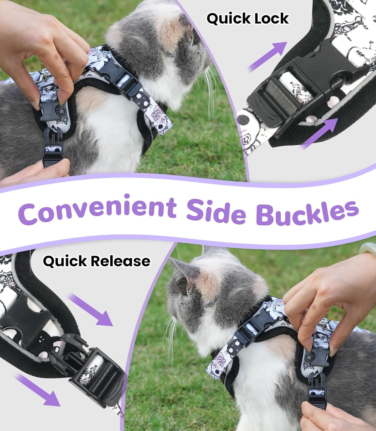 Halypet Cat Harness and Leash Set for Walking, Escape Proof Adjustable Vest Harness with 3-in-1 Integrated Buckles, Easy Control Soft Breathable Mesh with Reflective Strips for Cats, M, Moonlight Meow