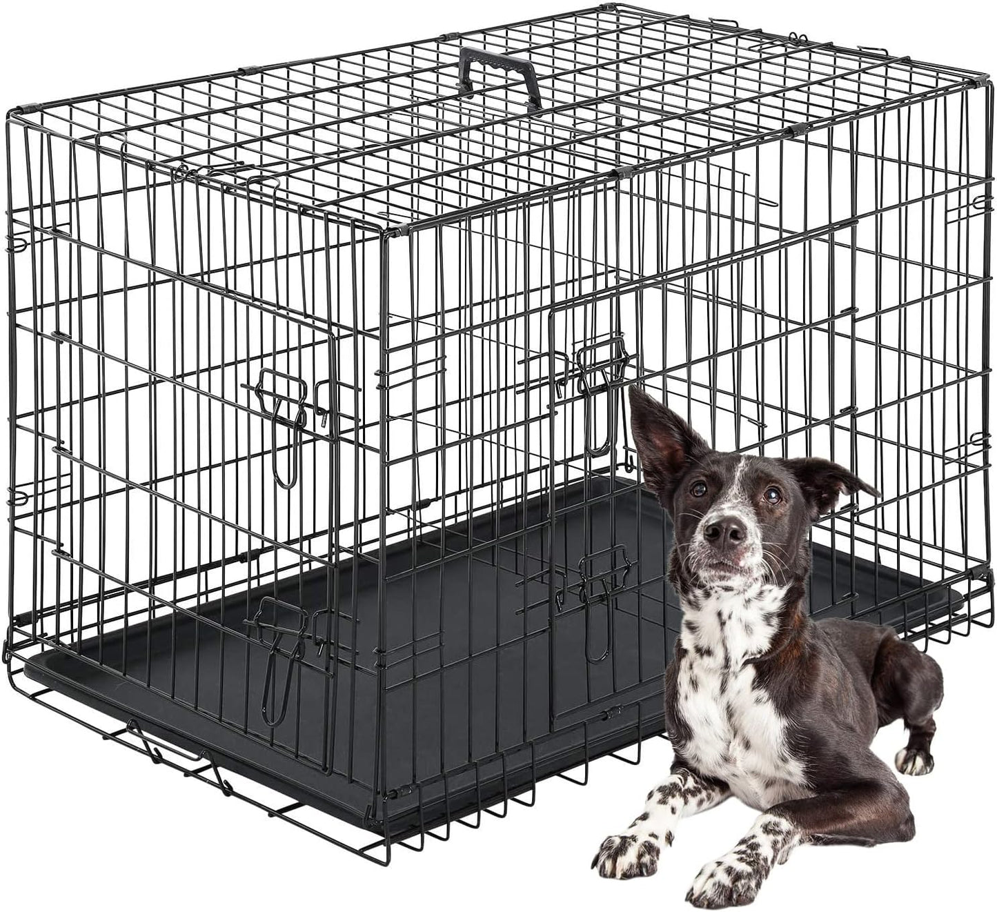 FDW Dog Crate for Large Dogs 42 Inch Folding Metal WirePet Cage Double Door W/Divider Panel Indoor Outdoor Kennel Leak-Proof Plastic Tray,Black