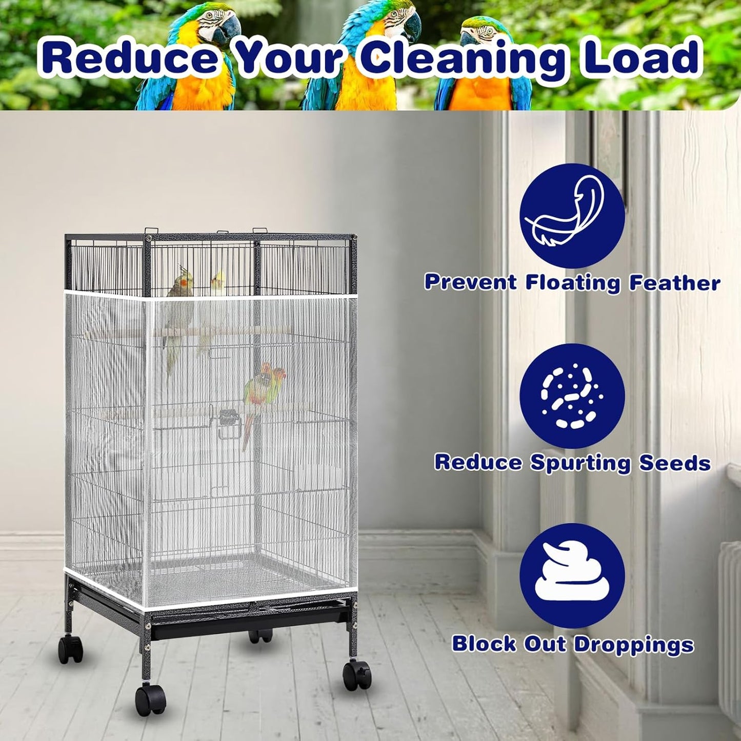 Universal Bird Cage Seed Catcher, White Adjustable Bird Cage Net Cover, Stretchy Lightweight Band Skirts Mesh Cover for Parrot Cages Stops Scatter, Breathable & Reusable