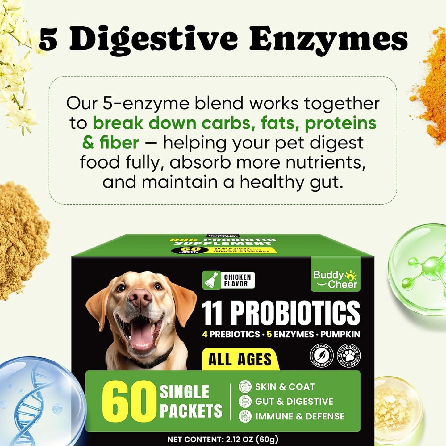 Probiotics for Dogs - Dog Probiotics Powder with 11 Strains, 4 Prebiotics & 5 Enzymes, Pet Probiotic Help Flora Balance, Digestion Health & Gut Support, Diarrhea and Yeast Infection -60 Single Packets