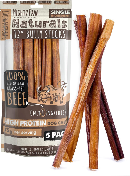 Mighty Paw Long Lasting 12" Bully Sticks for Dogs - All Natural Grass Fed Beef Chews. Lower Odor Dog Bully Sticks for Large Dogs, Medium and Small Breeds. Single Ingredient Treats