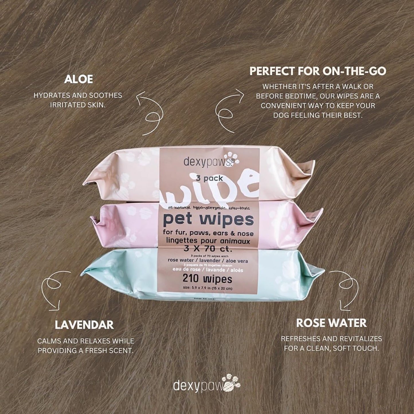 Pet Cleansing Wipes - 3 Packs (70ct Each) - Aloe-Lavender-Rose Water - Wet Wipes for Dogs & Cats, Fur-Paws-Face, Natural Pet Safe Grooming