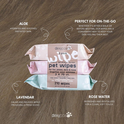 Pet Cleansing Wipes - 3 Packs (70ct Each) - Aloe-Lavender-Rose Water - Wet Wipes for Dogs & Cats, Fur-Paws-Face, Natural Pet Safe Grooming