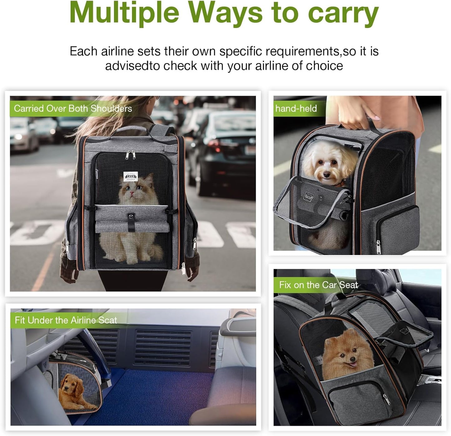 Lekebobor Large Cat Backpack Carrier Expandable Pet Carrier Backpack for Small Dogs Medium Cats Fit Up to 18 Lbs, Dog Backpack Carrier, Foldable Puppy Backpack Carrier for Travel, Hiking, Grey