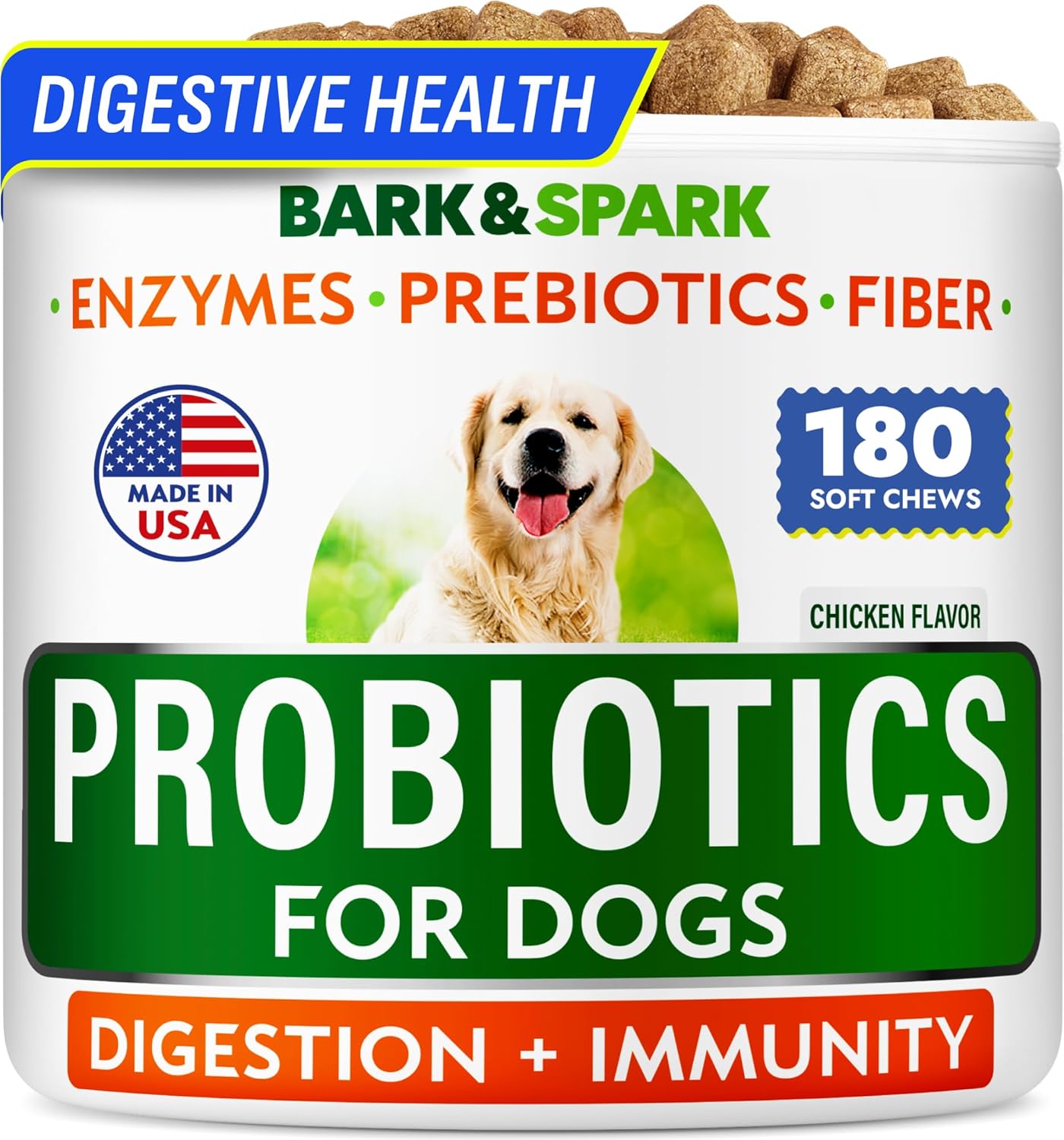 BARK&SPARK Dog Probiotics for Digestive Health w/Enzymes & Fiber - Diarrhea Gas Treatment Upset Stomach Relief - Allergy & Itchy Skin - Pet Probiotics for Dogs - (180Ct, Chicken)