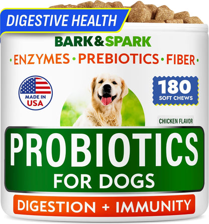 BARK&SPARK Dog Probiotics for Digestive Health w/Enzymes & Fiber - Diarrhea Gas Treatment Upset Stomach Relief - Allergy & Itchy Skin - Pet Probiotics for Dogs - (180Ct, Chicken)