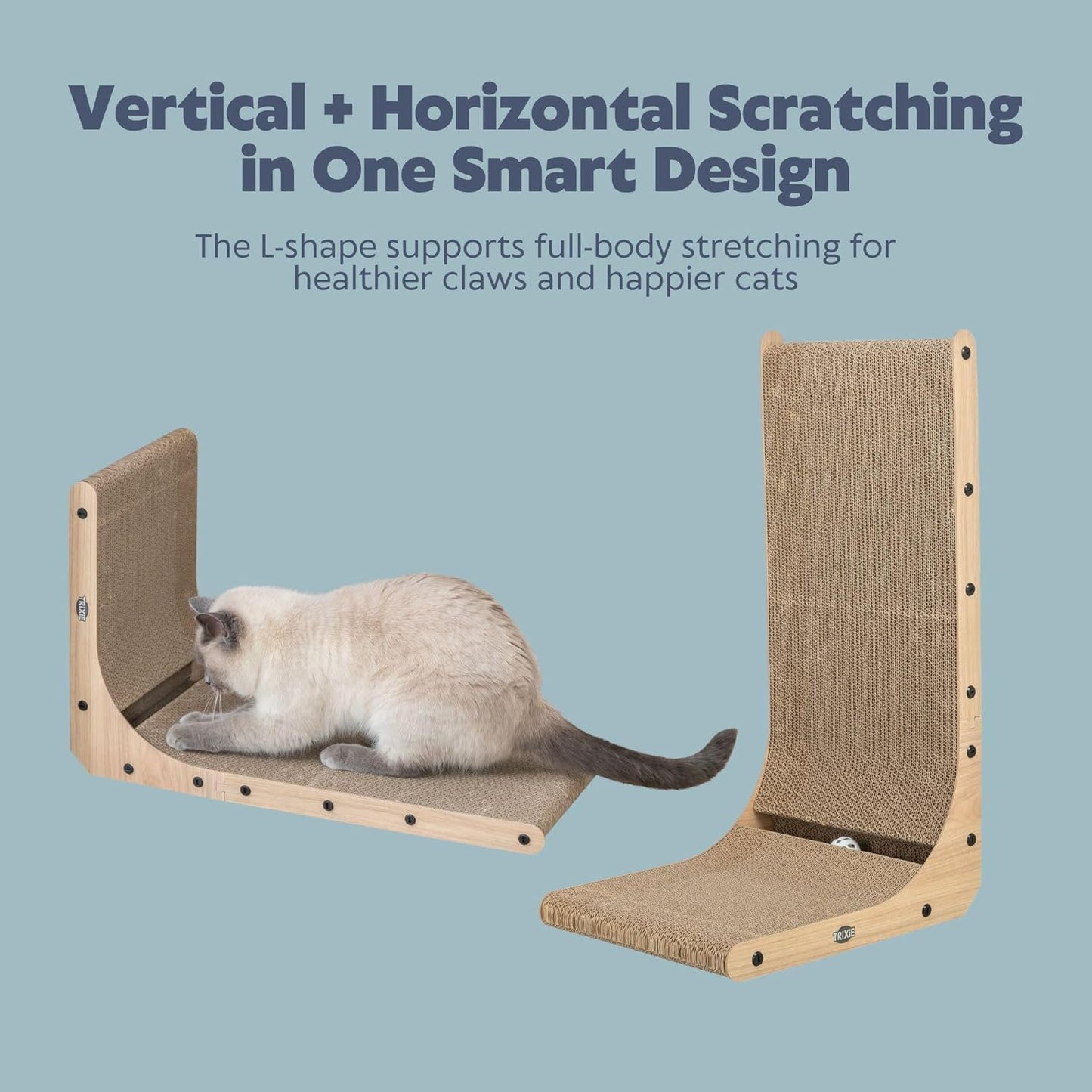 Trixie L-Shape Cat Scratcher with Catnip & Silvervine - 25.6" Indoor Furniture - Double-Sided Corrugated Cardboard - Vertical & Horizontal Scratching Pad with Ball Toy for Cats & Kittens - Natural
