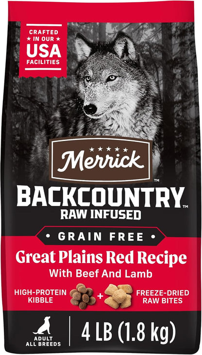 Merrick Backcountry Grain Free Dry Adult Dog Food Kibble With Freeze Dried Raw Pieces, Great Plains Red Recipe - 4.0 lb. Bag