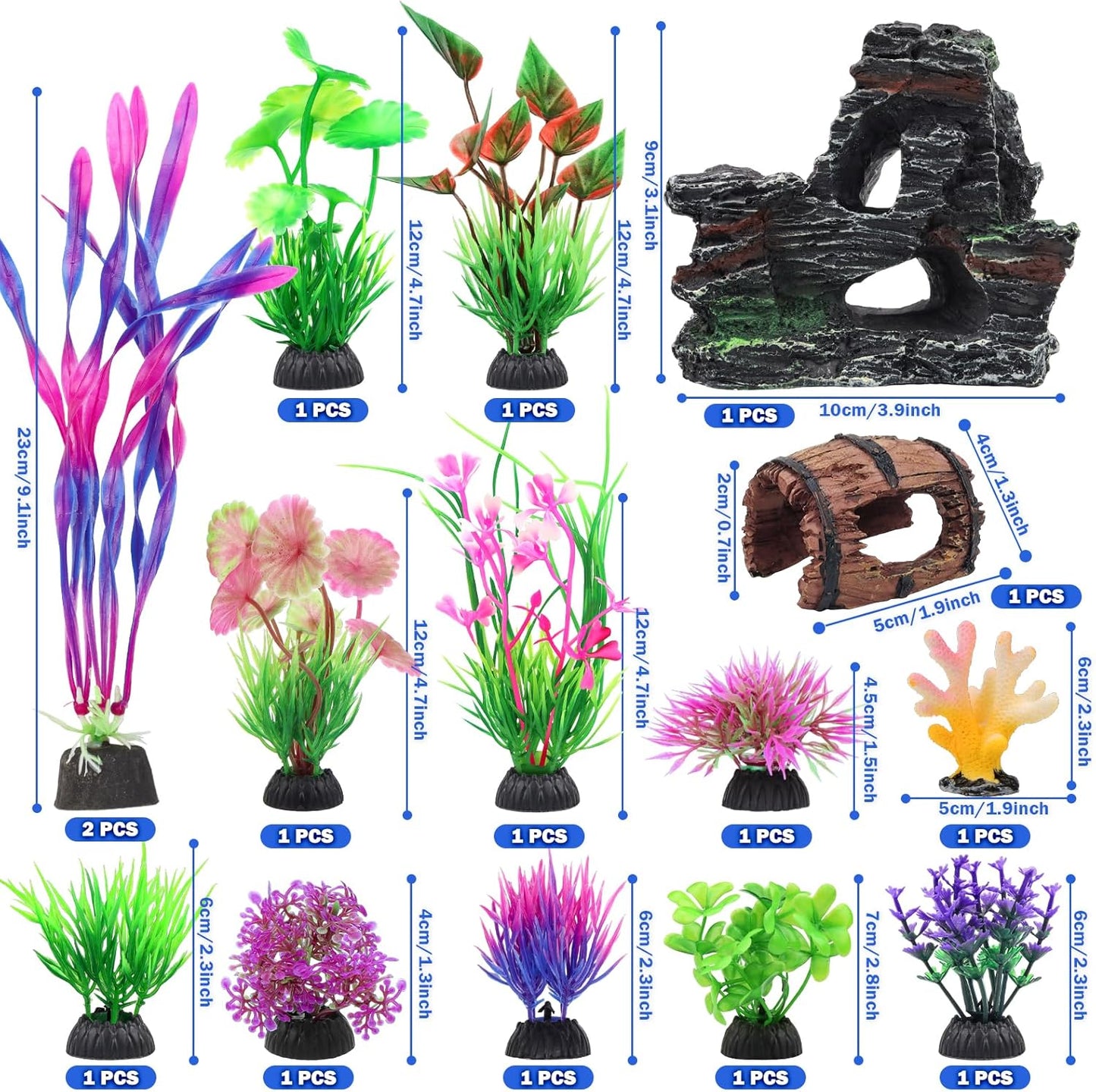 15 Pcs Aquarium Artificial Plastic Plants Decorations and Resin Barrel and Coral Rock Cave Set, Fish Tank Accessories Hideout Ornaments Aquarium Decor Set