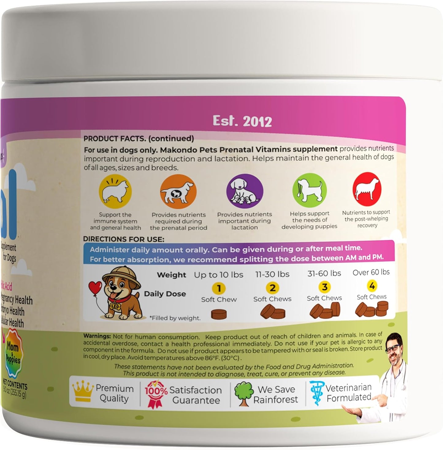 Dog Prenatal Vitamins – 120 Soft Chews Multivitamin, Folic Acid, Zinc, B-Complex, DHA & EPA Omegas and Probiotics Supplement for Pregnant, Nursing Breastfeeding pet – Mom & Puppy Vitamin Formula.