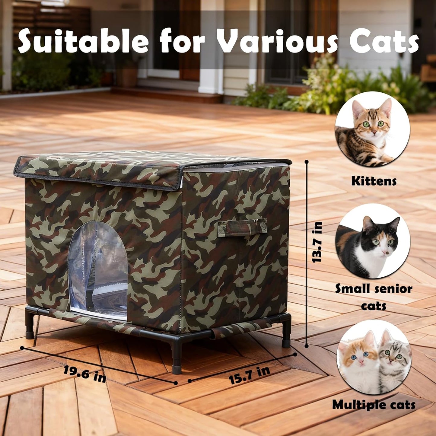 Elevated Cat House for Outdoor Cats,Outside Cat House Weatherproof Outdoor Cat Feeding Satation for Winter,Insulated Pet Shelter for Feral & Stray Cats,Waterproof,Durable & Scratch-Resistant