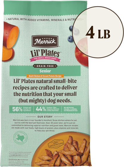 Merrick Lil’ Plates Premium Grain Free Senior Dry Dog Food For Small Dogs, Real Chicken, Sweet Potato Kibble - 4.0 lb. Bag