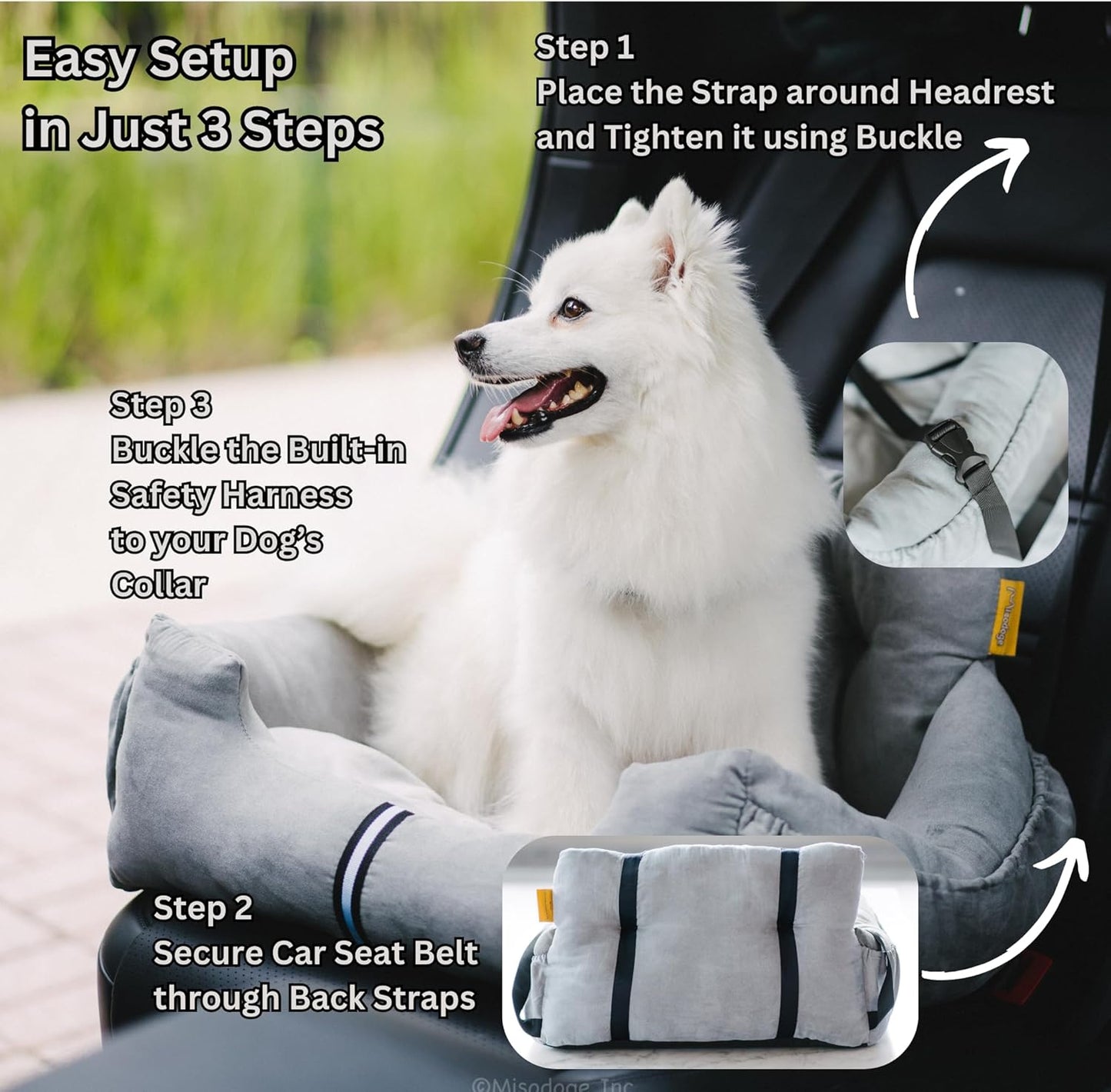 Futon Dog Car Bed for Small Dogs, Safety Seat Belt and Straps, Non-Slippery Bottom, Travel Bed, Elegant Design, Perfect for Dogs Under 25 Lbs