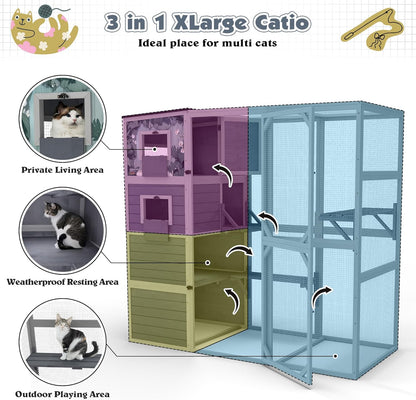 COZIWOW Large Wood Cat Catio, Outdoor Enclosure with Weatherproof Roof, 2 Resting Rooms, 2 Platforms, 4-Tier Cat Playpen (Grey with Pattern)