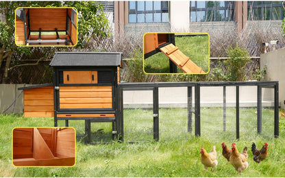 113" Brown+Black Wooden Chicken Coop Wood Brown+Black Fade-Resistant Roof for Backyard Durable Outdoor Poultry Cage