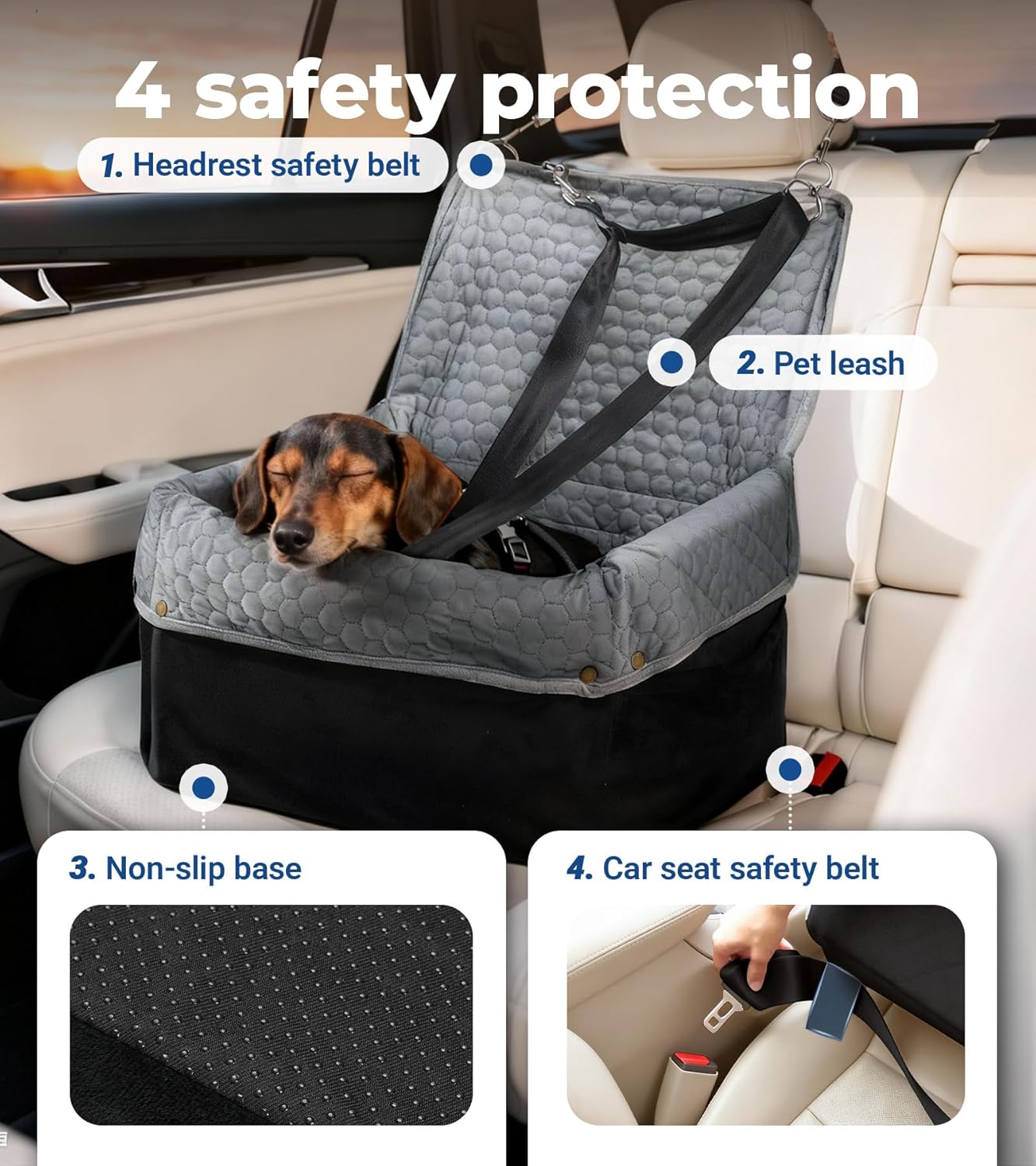 Dog Car Seat for Small Medium Dogs, Travel Pet Car Bed with Removable Waterproof Cover, Memory Foam Dog Booster Seats Up to 35 lbs, Safety Belt and Storage Pocket(Gray)