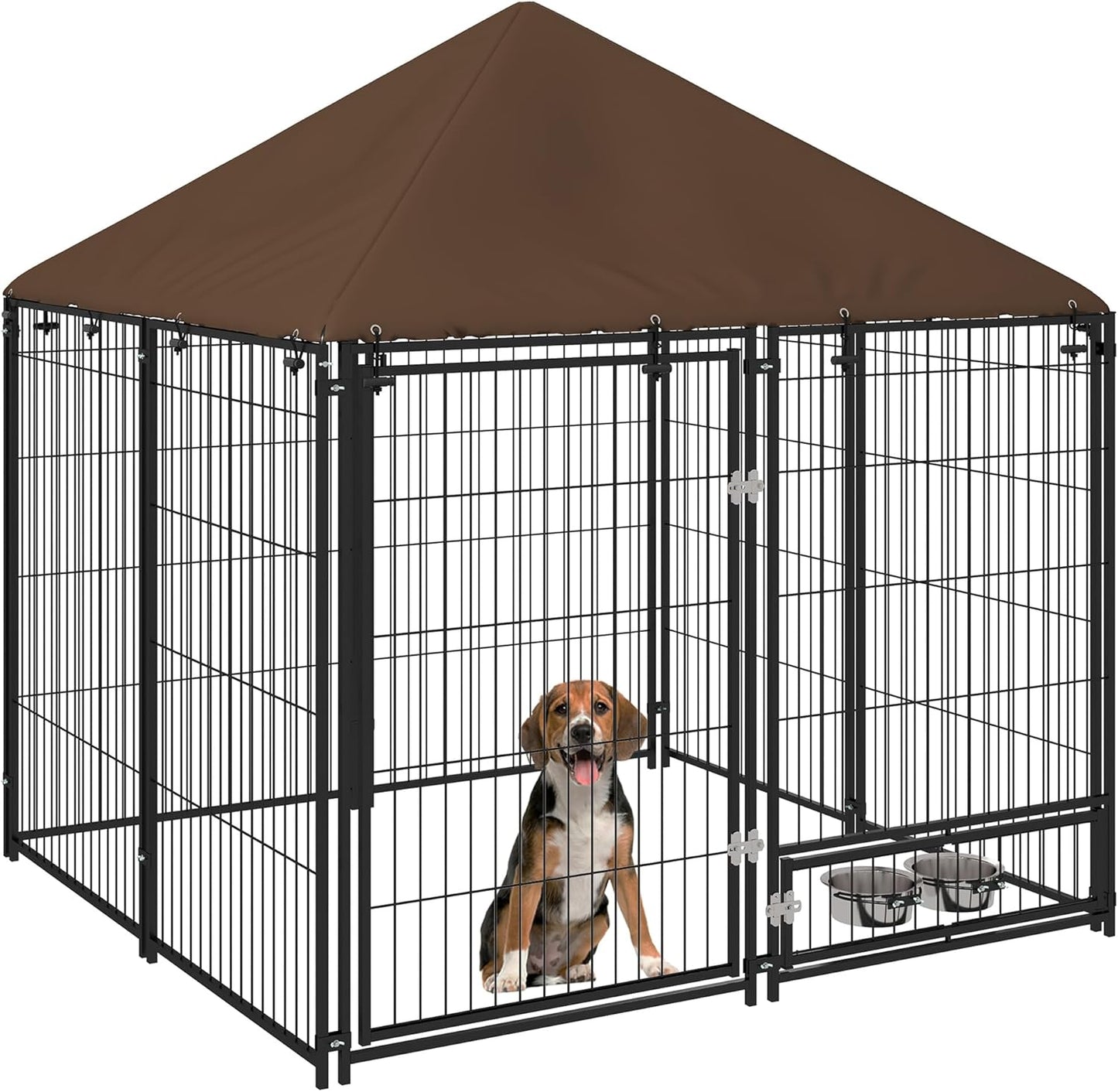 Dog Crate Furniture Style Outdoor Kennel with Canopy, 4.6' x 4.6' x 5' Large Dog Cage House Playpen Enclosure with Rotating Bowl, Durable Garden Playpen Fence Crate,Black