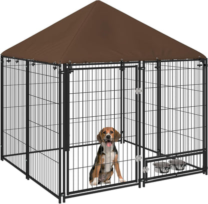 Dog Crate Furniture Style Outdoor Kennel with Canopy, 4.6' x 4.6' x 5' Large Dog Cage House Playpen Enclosure with Rotating Bowl, Durable Garden Playpen Fence Crate,Black