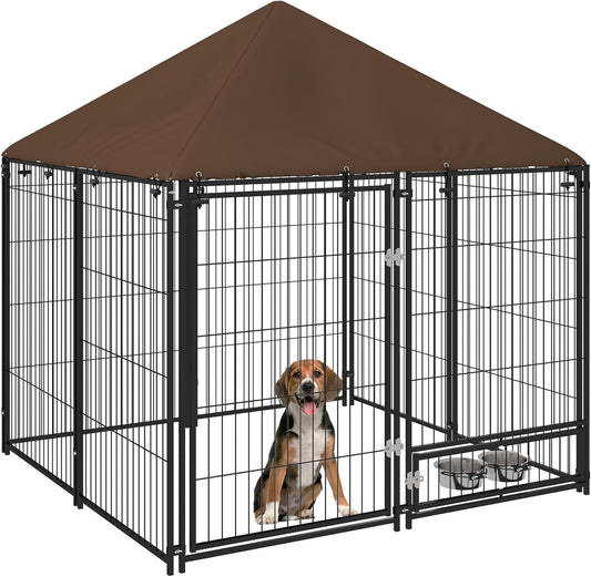 Dog Crate Furniture Style Outdoor Kennel with Canopy, 4.6' x 4.6' x 5' Large Dog Cage House Playpen Enclosure with Rotating Bowl, Durable Garden Playpen Fence Crate,Black