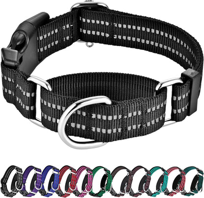 Hikiko Martingale Collar for Dogs Reflective Nylon Dog Collar with Quick Release Buckle Adjustable Training No Slip Dog Collar (Large, Black)
