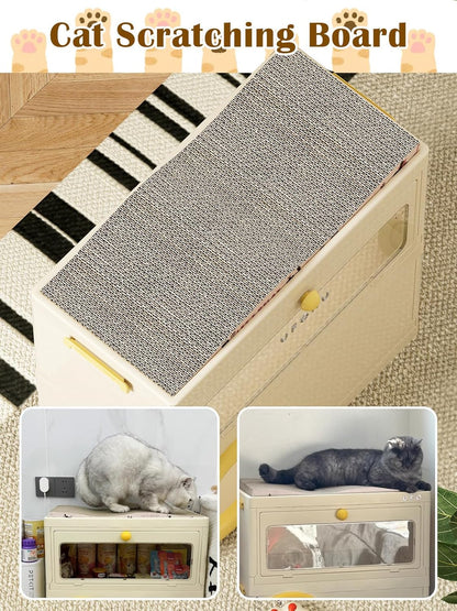 3 in 1 Plastic Cat House with Scratching Board, Foldable Feral Cat Shelter with Pet Supply Storage Bin, Waterproof Weatherproof for Outdoor Indoor Use